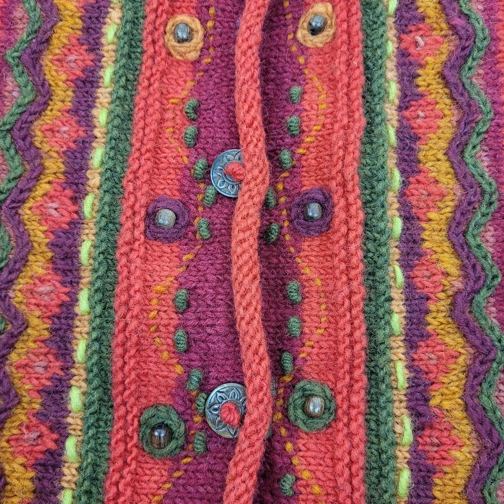 Newari hand knit red wool cardigan sweater Icelandic Design cozy artsy NWT S/M - Picture 8 of 11